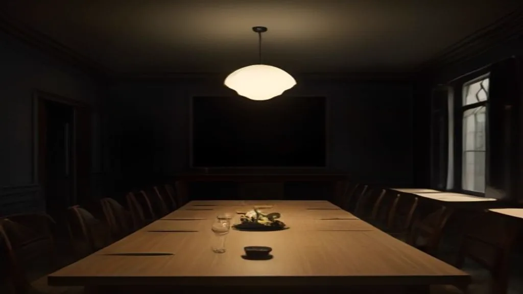 Ciemna sala restauracji po zmroku, dwadzieścia cztery miejsca, nad każdym stołem nisko zawieszona lampa tworząca plamę ciepłego światła.